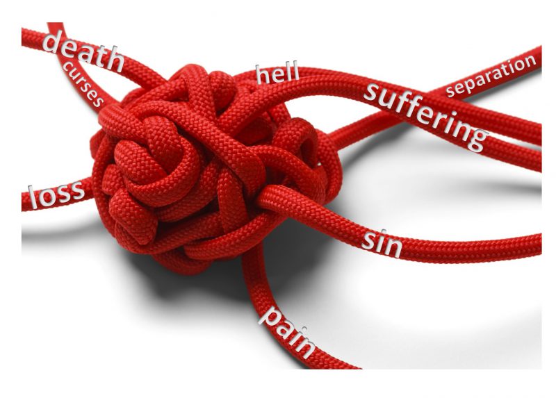 a knot of red cords representing sin, hell, death, etc