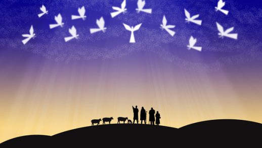 angels in a violet sky over shepherds in the field