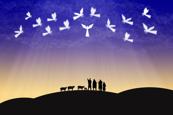 angels in a violet sky over shepherds in the field