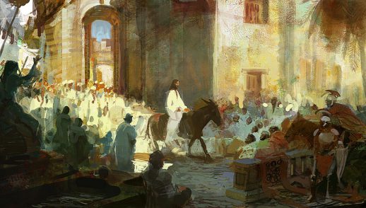 Jesus enters Jerusalem on a donkey