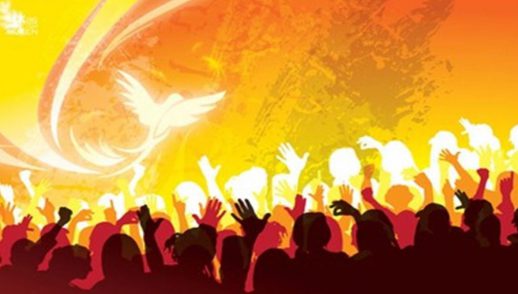 people lift up hands and the flame of the Holy Spirit moves upon them
