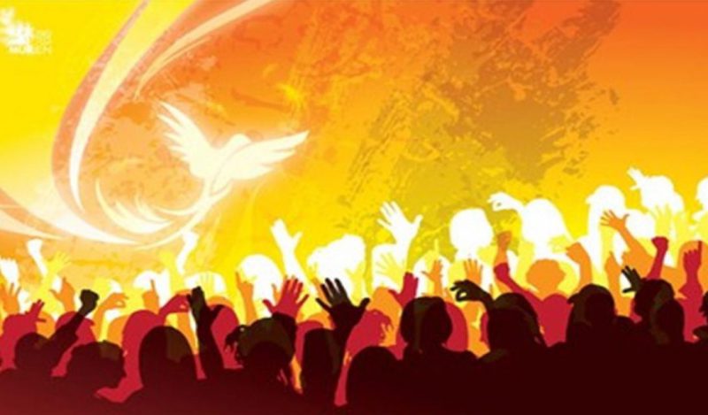 people lift up hands and the flame of the Holy Spirit moves upon them