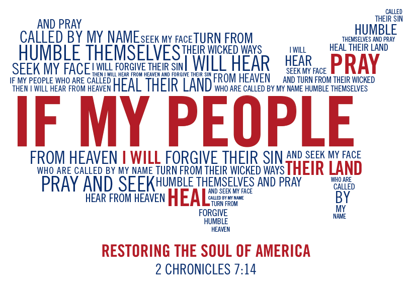 a wordle of 2 Chronicles 7:14 in the shape of the USA