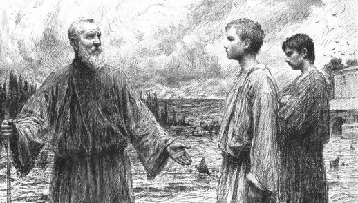 line art drawing of a father asking his two sons to work