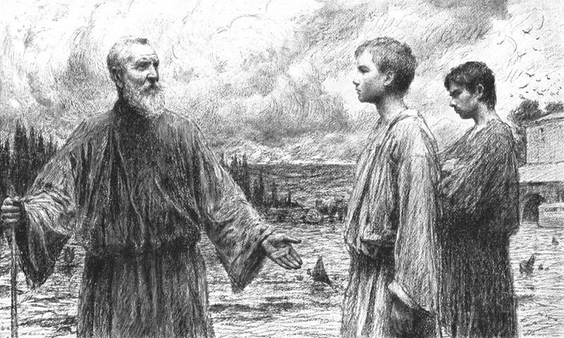 line art drawing of a father asking his two sons to work